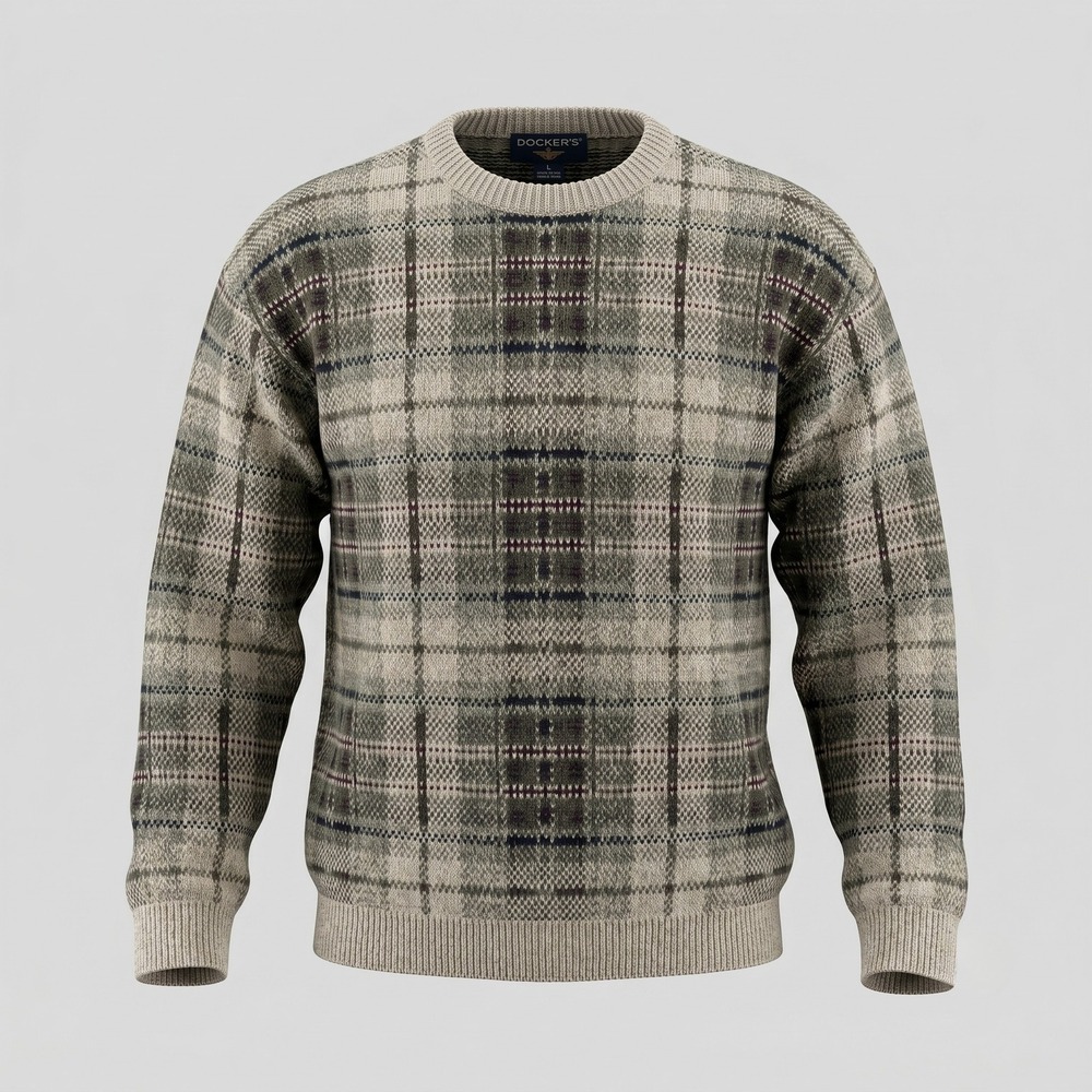 Trader Bay Mens XLT Tan Plaid Sweater Crewneck‎ Vintage Cotton Blend USA Made